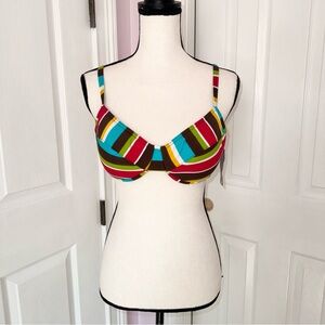 NWT Body ID multicolor swim padded bikini top w/snap closure, shoulder size 12